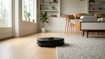 Robotdammsugare på trägolv på väg in mot en matta i ett ljust vardagsrum.