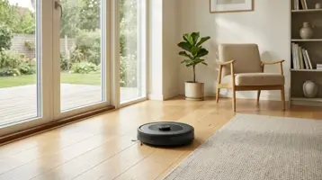 Robotdammsugare på trägolvet framför ett stort fönsterparti mot trädgården.