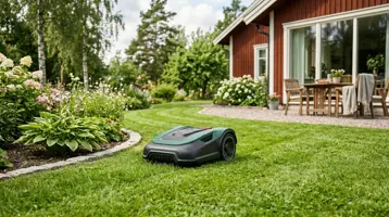 Grön robotgräsklippare på gräsmattan i en trädgård med rött hus och växthus.