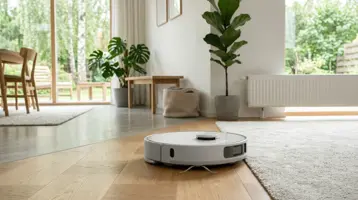 Vit robotdammsugare som dammsuger trägolvet i ett ljust vardagsrum.
