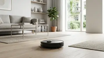 Robotdammsugare på trägolv intill en matta i ett skandinaviskt vardagsrum.