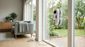 Fönsterputsrobot som rengör en fönsterdörr i ett skandinaviskt vardagsrum.