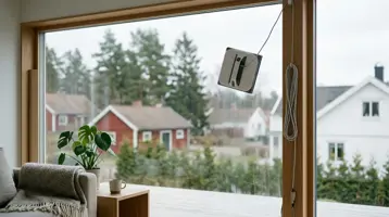 Fönsterputsrobot på en fönsterruta med säkerhetslina, med en svensk trädgård utanför.