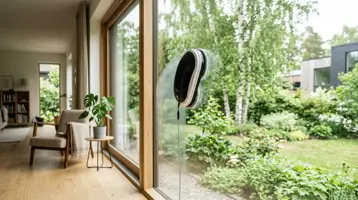 Fönsterputsrobot arbetar sig över en stor fönsterruta med utsikt mot trädgården.