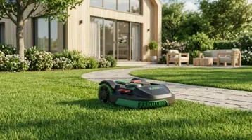 Grön robotgräsklippare på gräsmattan intill en stenlagd uteplats.