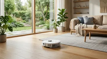 Vit robotdammsugare på trägolvet framför en soffa och fönster mot trädgården.