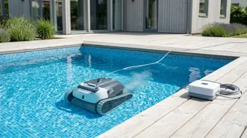 Batteridriven poolrobot i en pool med laddstationen ställd på trädäcket.