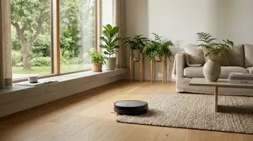Robotdammsugare på trägolvet vid fönstret i ett ljust vardagsrum.