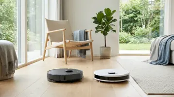 Två robotdammsugare bredvid varandra på trägolvet i ett vardagsrum.