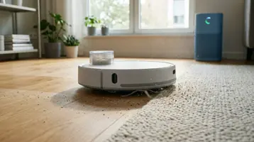 Robotdammsugare som suger upp damm från en matta med en luftrenare i bakgrunden.