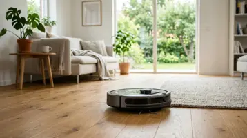Robotdammsugare på trägolvet i ett vardagsrum, på väg in mot mattan.