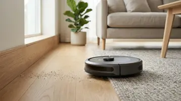 Robotdammsugare på trägolv i ett ljust vardagsrum intill en matta.