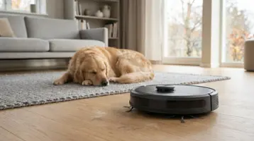 Robotdammsugare som suger upp hundhår på en matta där en golden retriever ligger.