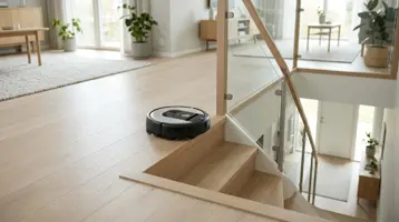 Robotdammsugare på övervåningen intill en trappa i ett hus med två plan.