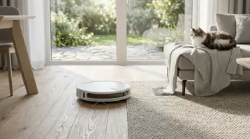 Robotdammsugare som kör över golvet medan en katt ligger kvar i fåtöljen.