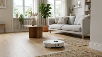 Liten robotdammsugare på trägolvet i en kompakt lägenhet.