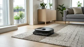 Robotdammsugare som kör upp från trägolv på en tjock matta.