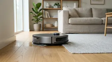 Robotdammsugare med moppfunktion som torkar ett trägolv intill en matta.
