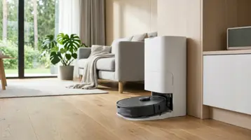 Robotdammsugare dockad i en hög tömningsstation i ett vardagsrum.