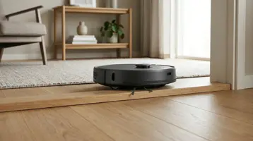 Robotdammsugare vid övergången mellan trägolv och matta i ett ljust rum.