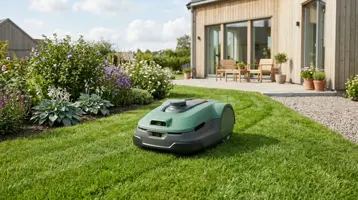 Robotgräsklippare som klipper en gräsmatta utan synlig begränsningskabel.