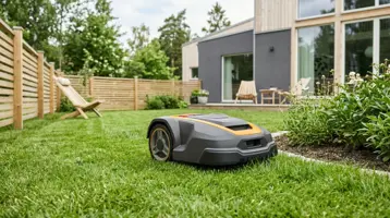Robotgräsklippare på gräsmattan framför ett trästaket och ett modernt hus.