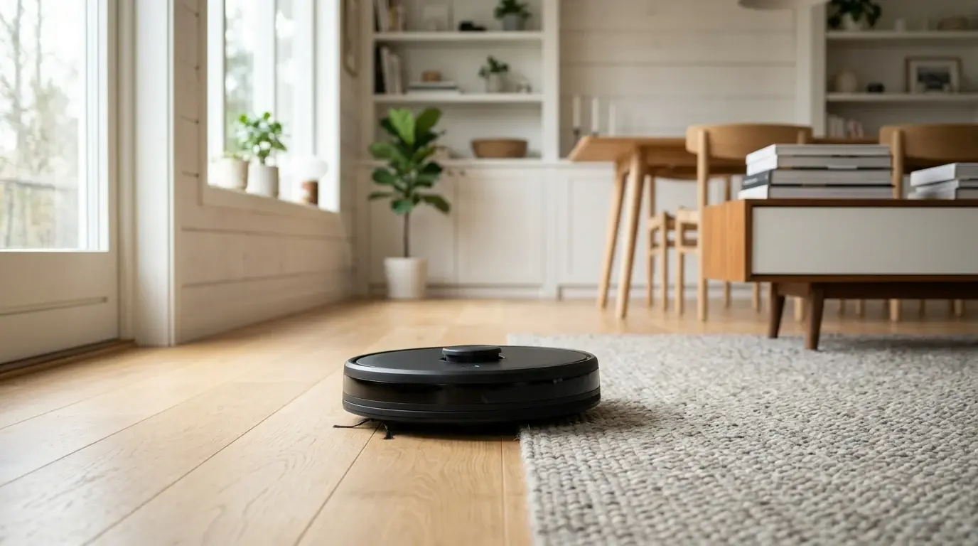 Robotdammsugare på trägolv på väg in mot en matta i ett ljust vardagsrum.