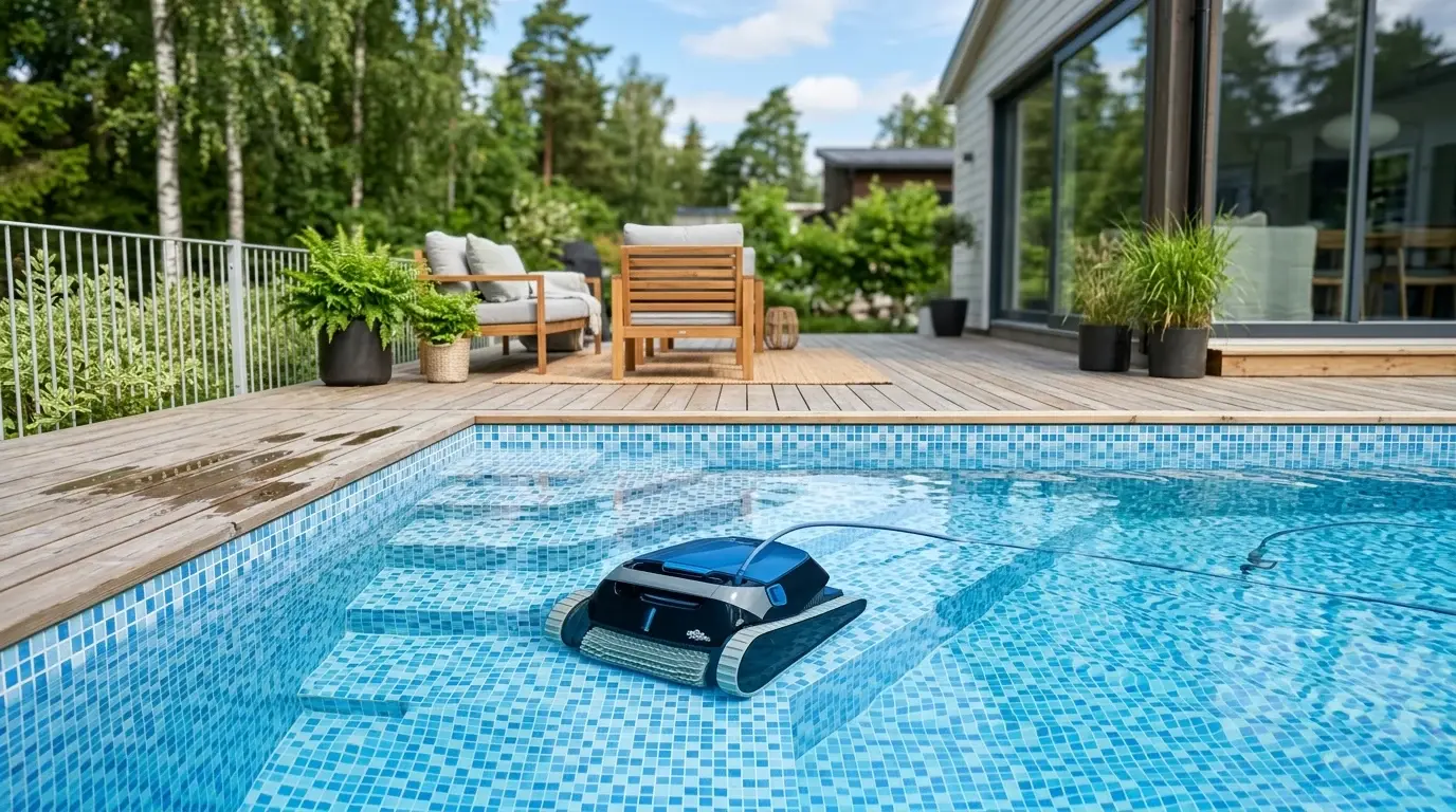 Poolrobot som rengör botten i en kaklad pool intill ett trädäck.