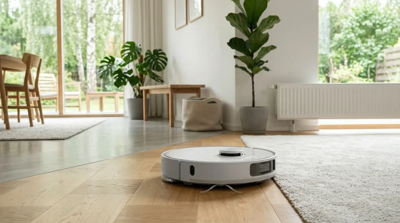 Vit robotdammsugare som dammsuger trägolvet i ett ljust vardagsrum.