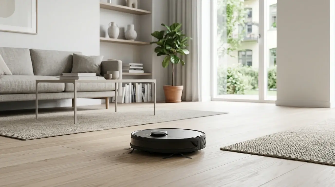 Robotdammsugare på trägolv intill en matta i ett skandinaviskt vardagsrum.