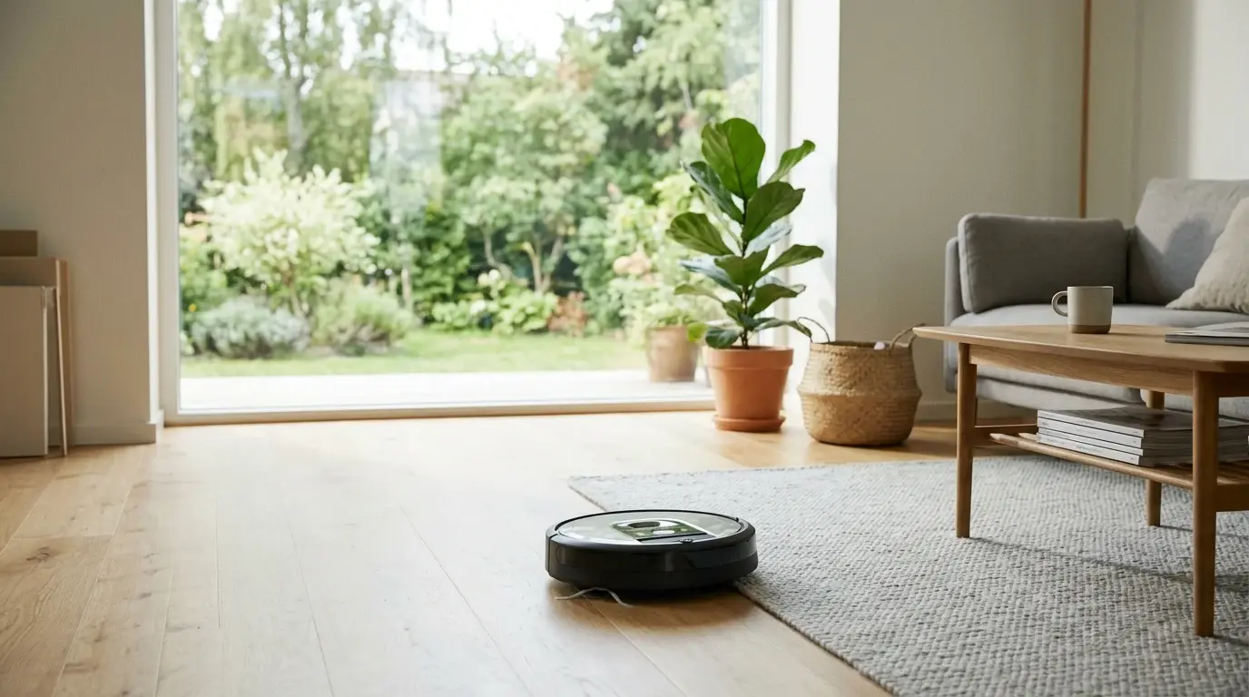 Robotdammsugare på golvet i ett ljust vardagsrum med krukväxter.