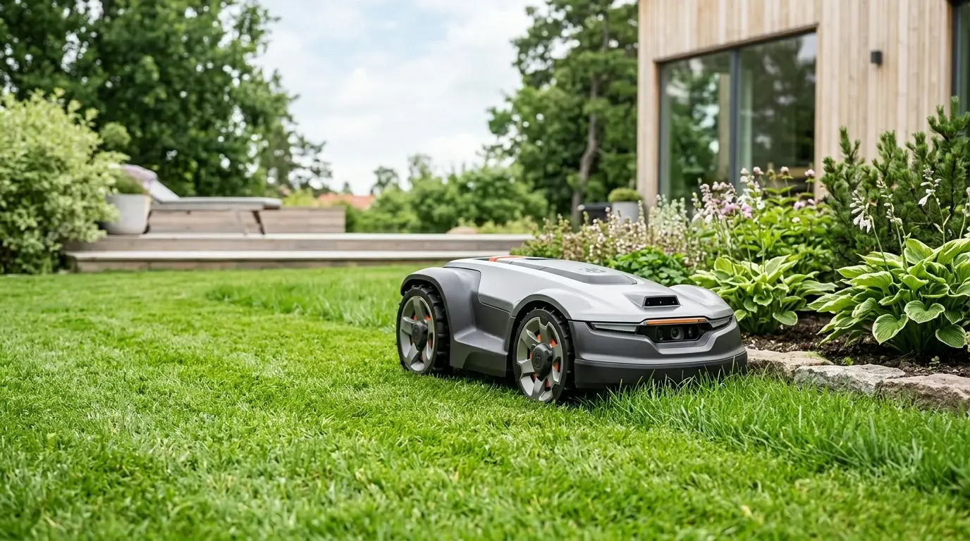 Robotgräsklippare på väg över en gräsmatta intill en rabatt.