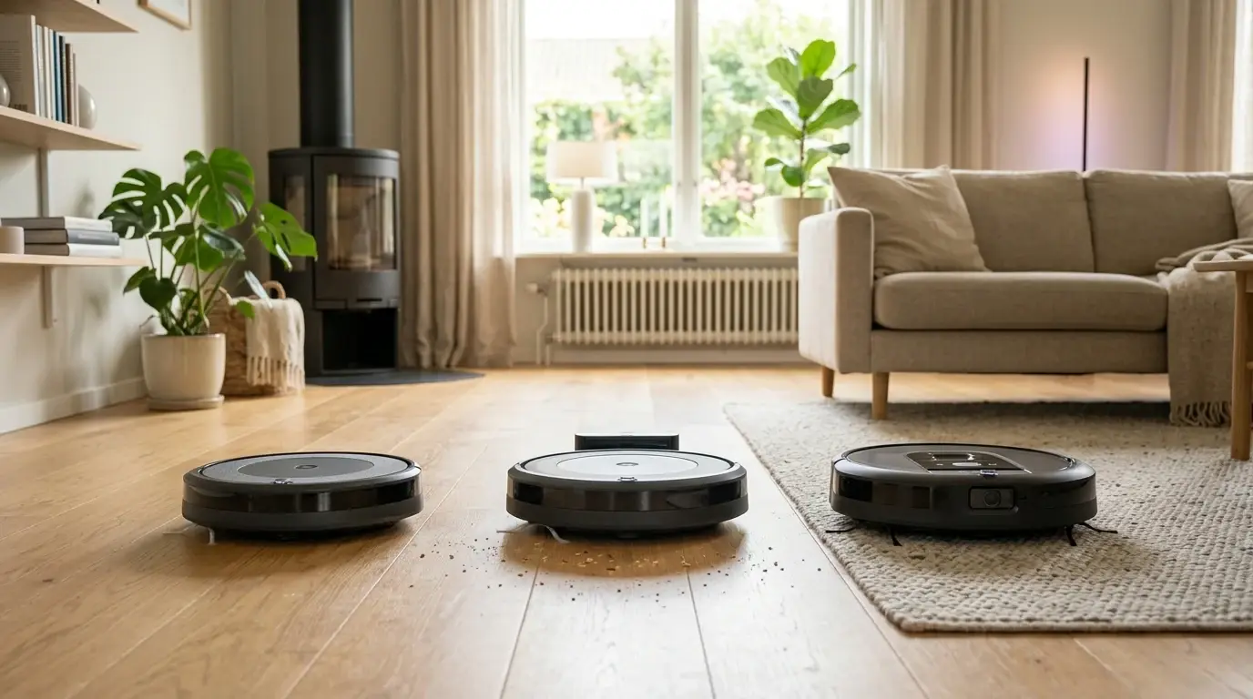 Tre robotdammsugare uppställda bredvid varandra på ett trägolv.