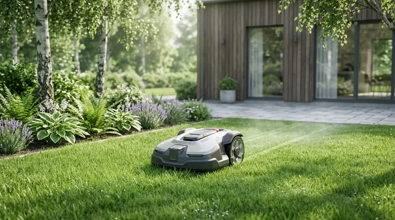 Robotgräsklippare på gräsmattan framför ett modernt hus med stora fönster.