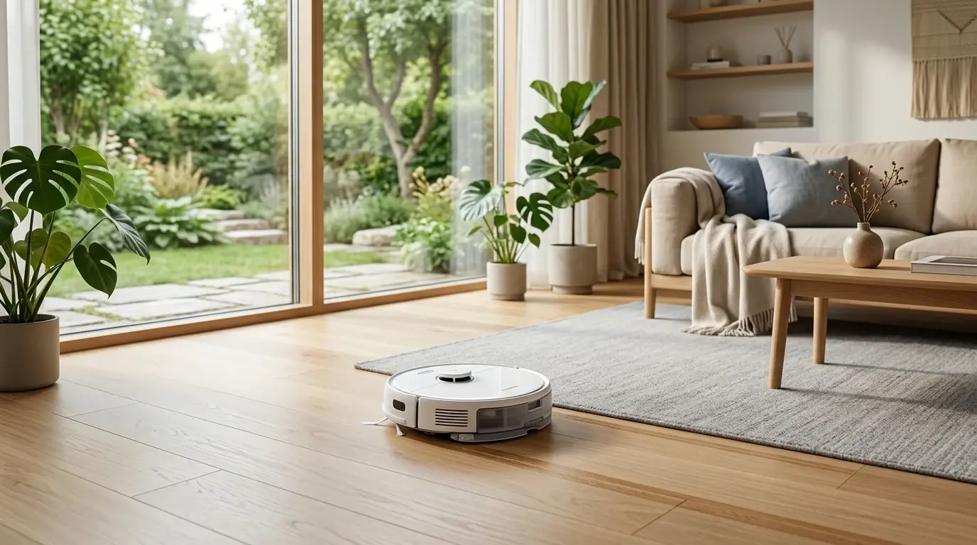 Vit robotdammsugare på trägolvet framför en soffa och fönster mot trädgården.