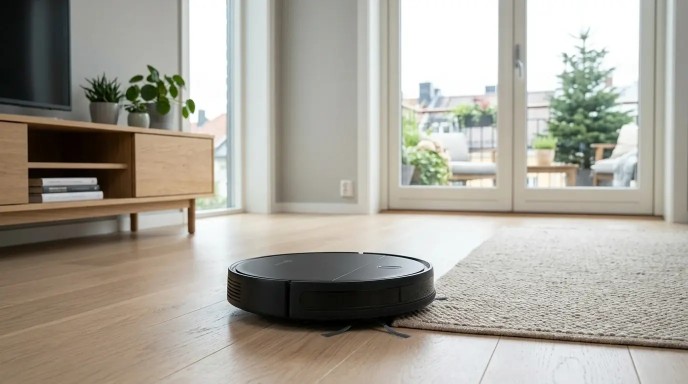Robotdammsugare på trägolvet framför en låg sideboard i ett ljust rum.