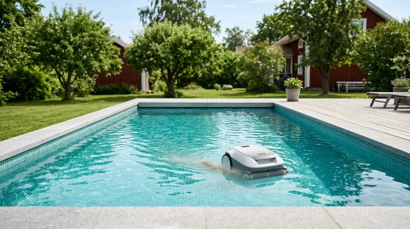 Poolrobot på bottnen i en trädgårdspool med ett rött hus i bakgrunden.