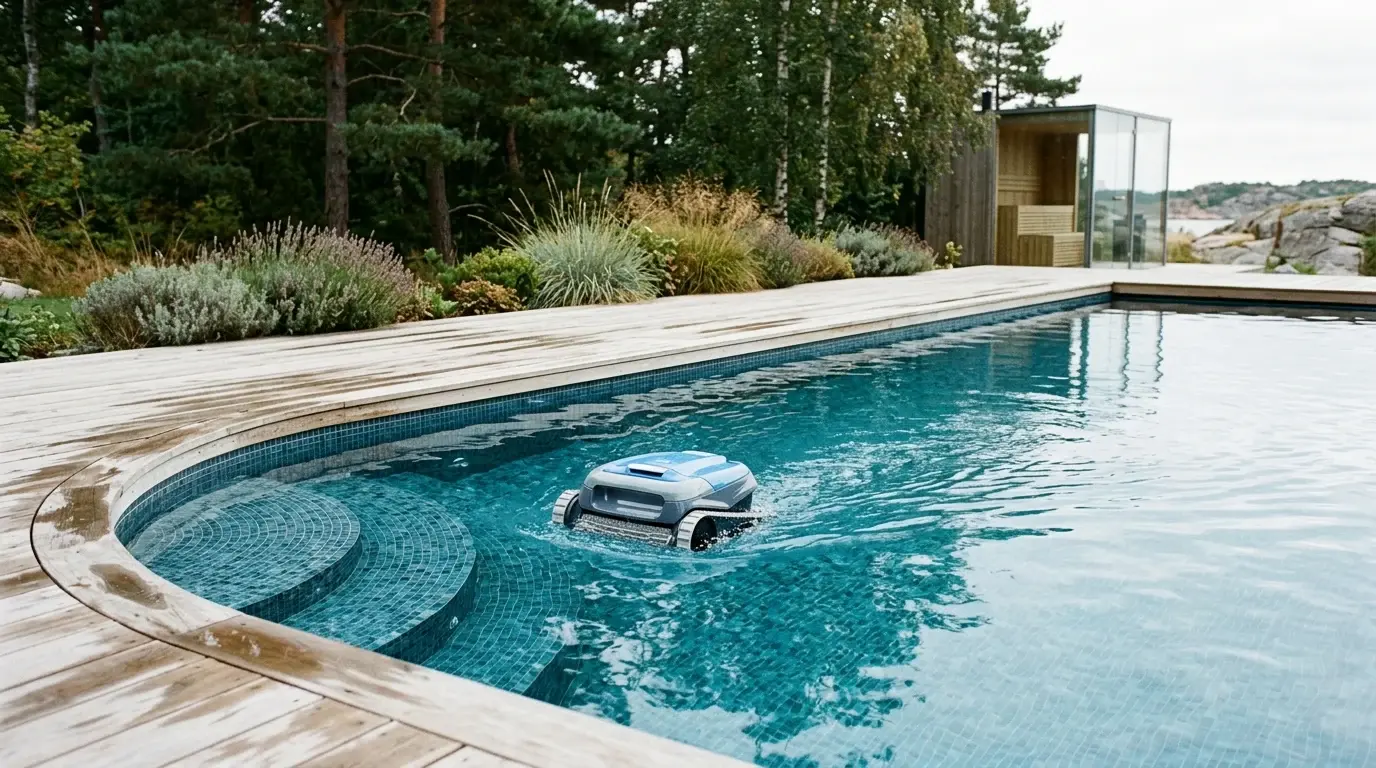 Poolrobot under vattenytan i en pool i en svensk trädgård.