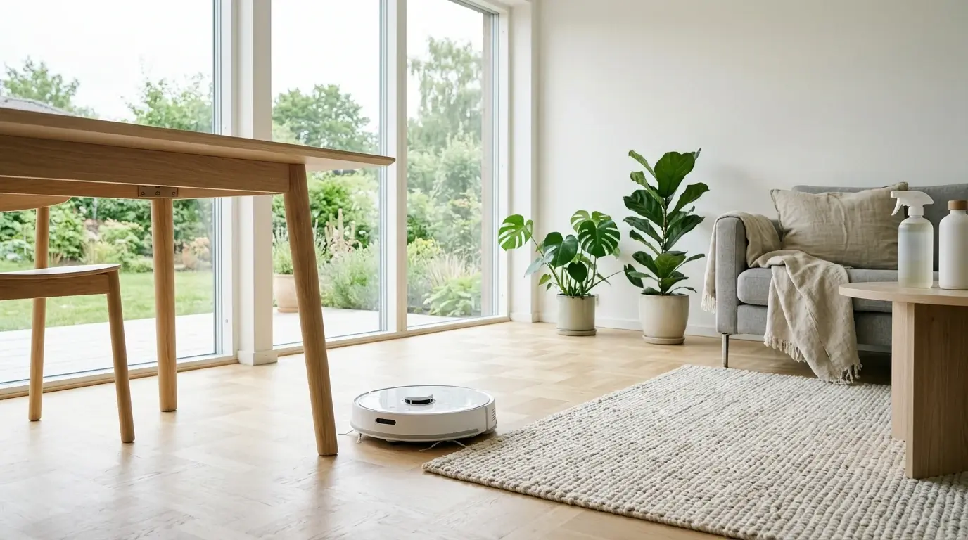 Vit robotdammsugare på trägolv i ett ljust vardagsrum med matta.