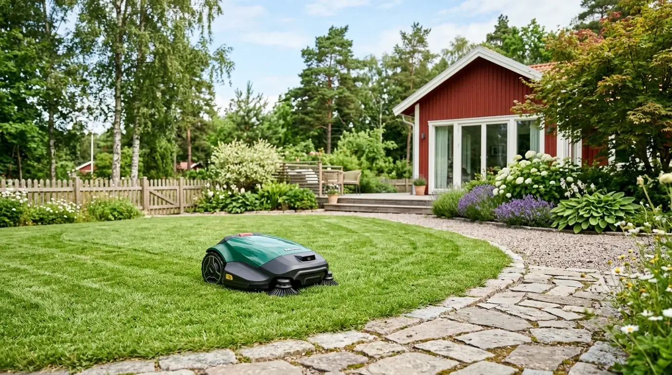 Robotgräsklippare på gräsmattan vid en stengång framför ett rött hus.