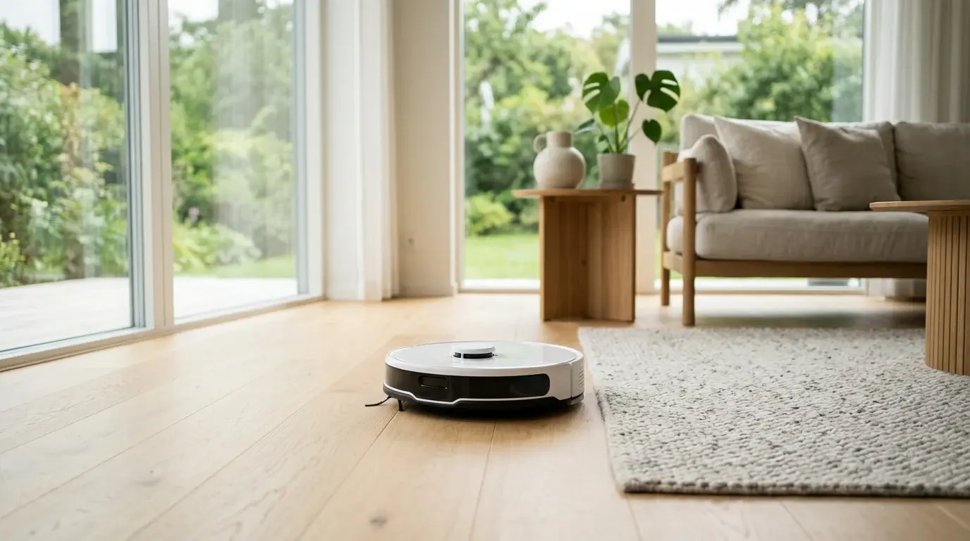 Robotdammsugare på en matta i ett vardagsrum med stora fönster.