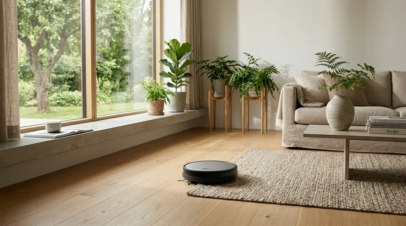 Robotdammsugare på trägolvet vid fönstret i ett ljust vardagsrum.