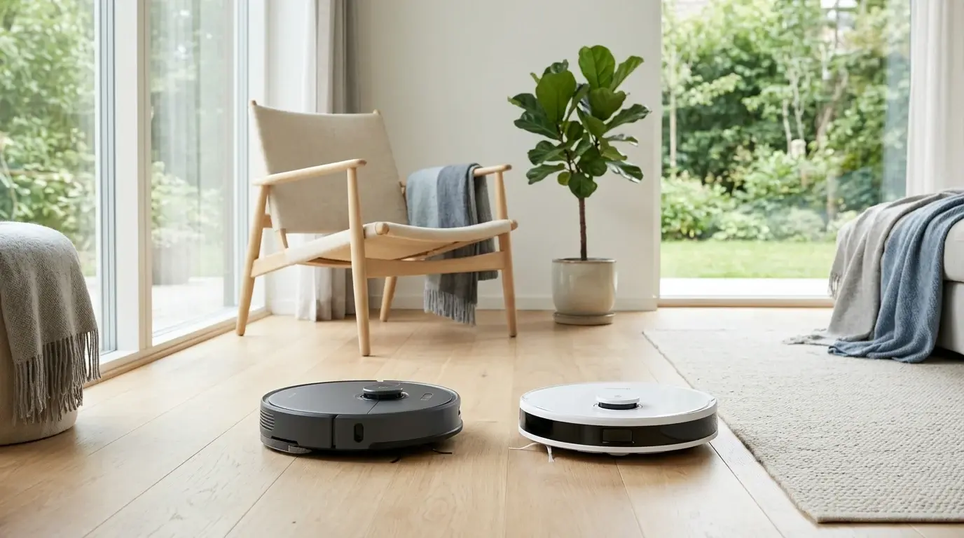 Två robotdammsugare bredvid varandra på trägolvet i ett vardagsrum.