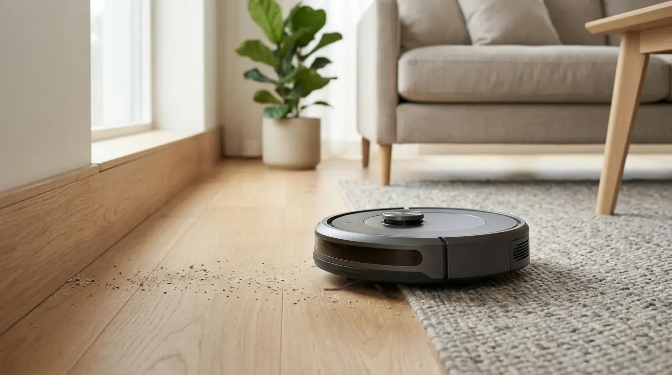 Robotdammsugare på trägolv i ett ljust vardagsrum intill en matta.