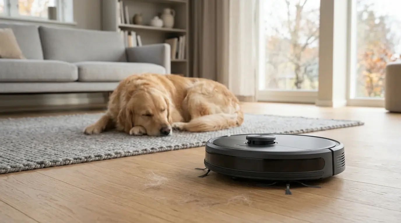 Robotdammsugare som suger upp hundhår på en matta där en golden retriever ligger.