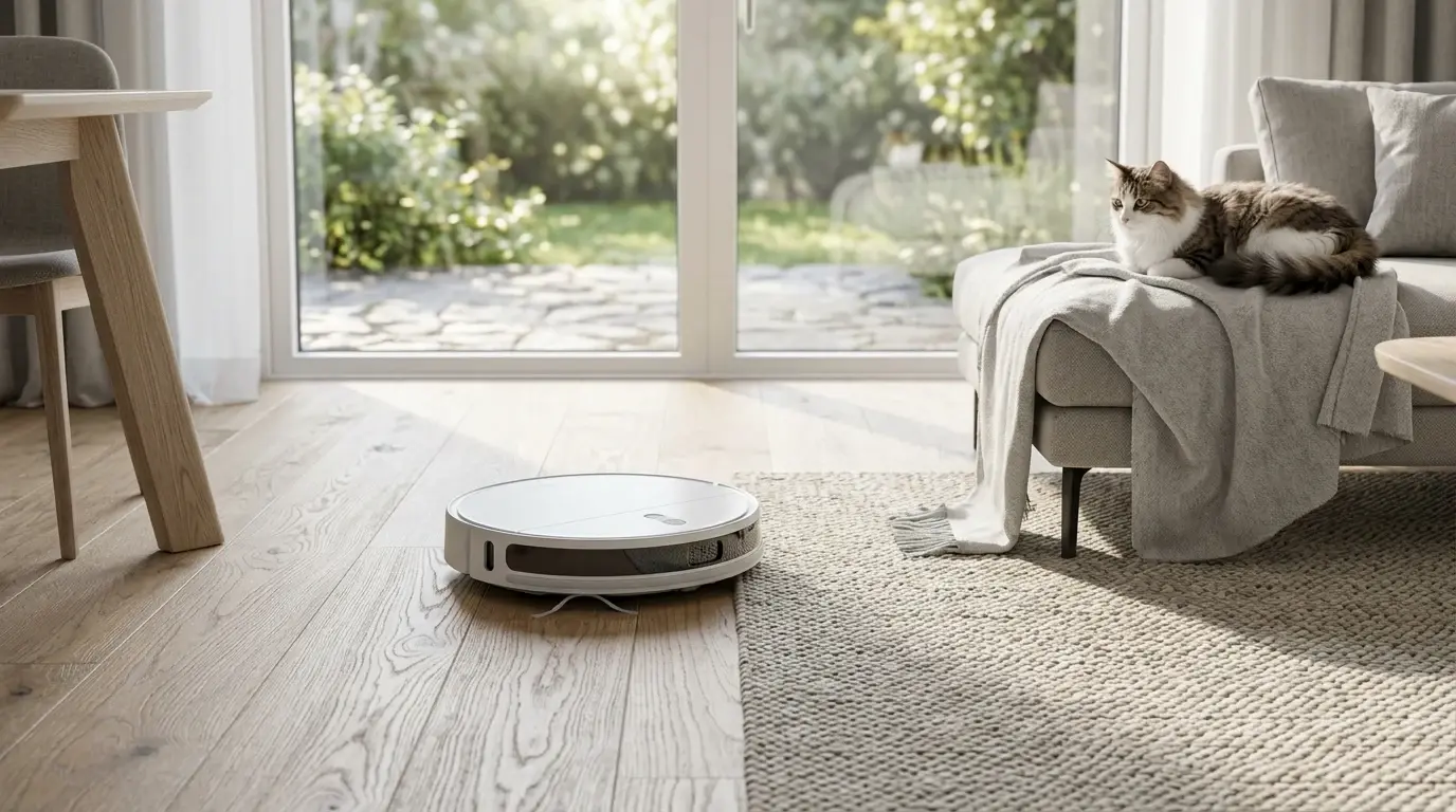 Robotdammsugare som kör över golvet medan en katt ligger kvar i fåtöljen.