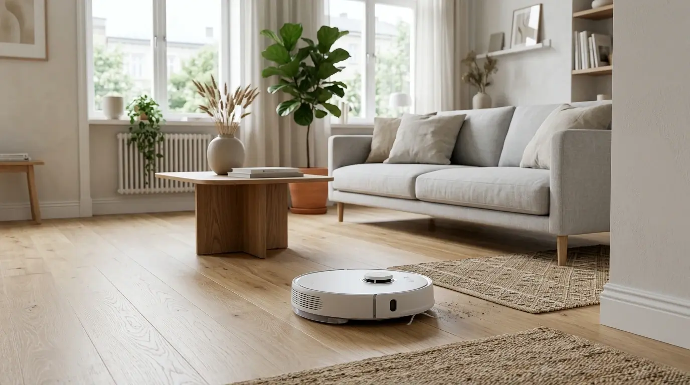Liten robotdammsugare på trägolvet i en kompakt lägenhet.