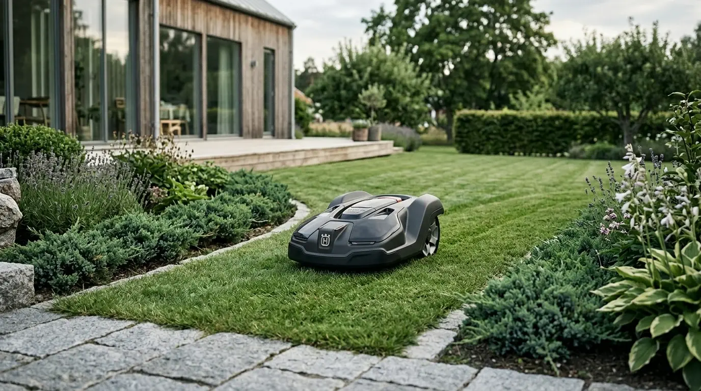Robotgräsklippare på en välklippt gräsmatta i en stor svensk villaträdgård.