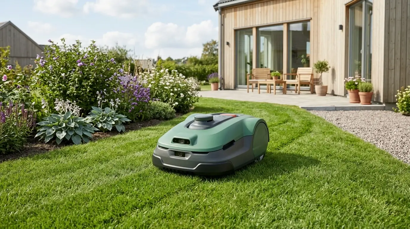 Robotgräsklippare som klipper en gräsmatta utan synlig begränsningskabel.