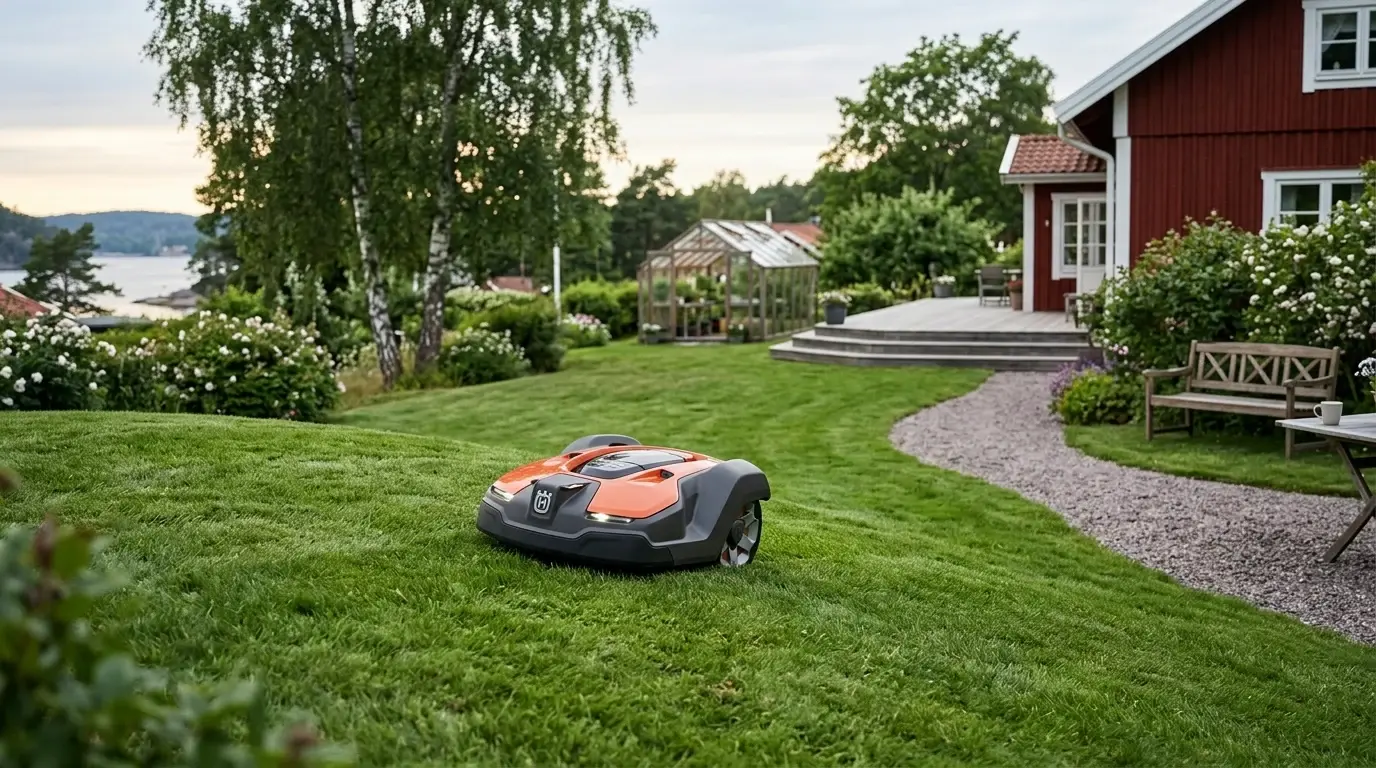 Robotgräsklippare på gräsmattan i en trädgård utan nedlagd begränsningsslinga.